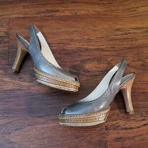Vintage Prada Gray Leather Feminine Workcore Luxury Slingback Pumps Size 36.5